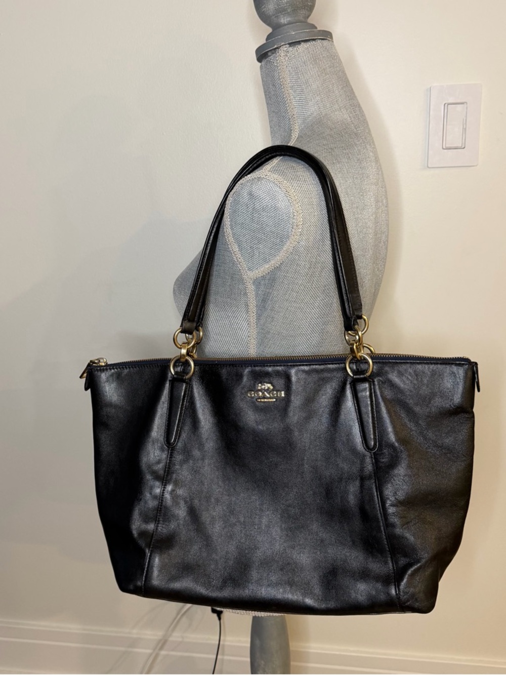 Coach Ava Black Leather Tote Bag with Gold Hardware